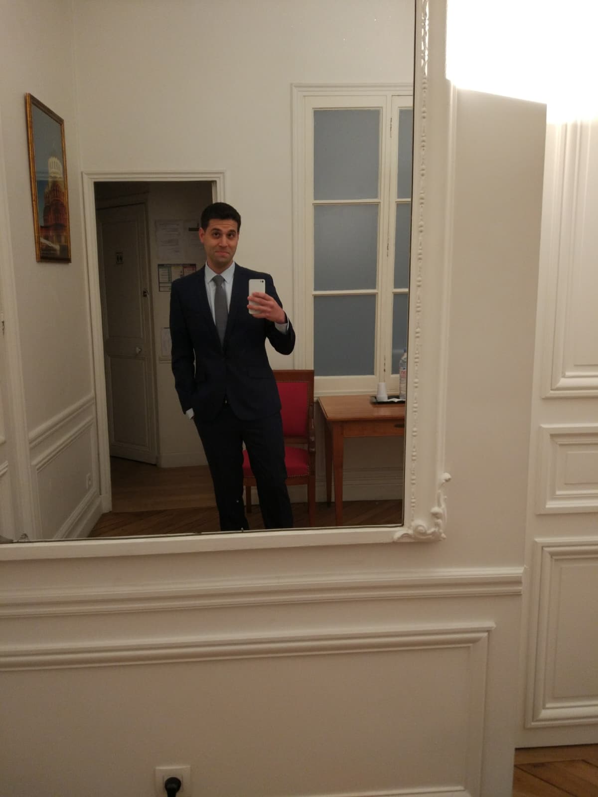 Gabriel in a suit, before the Paris interview.