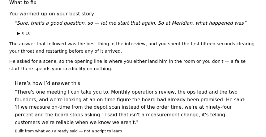 A section of a report: a weak answer quoted from the interview, why it cost the candidate, and a rewritten version built from their own words.