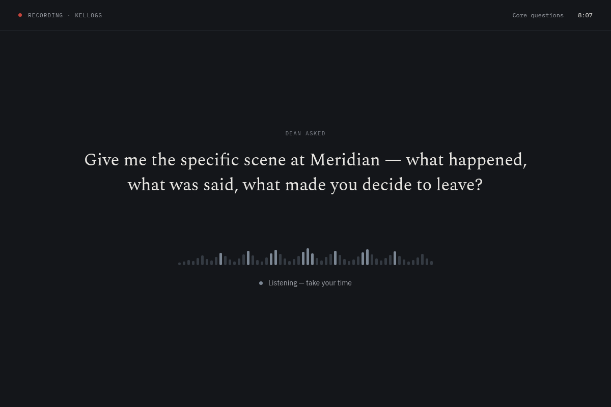 The interview screen, mid-question: the question in large type, a live audio waveform, the school and the elapsed time.